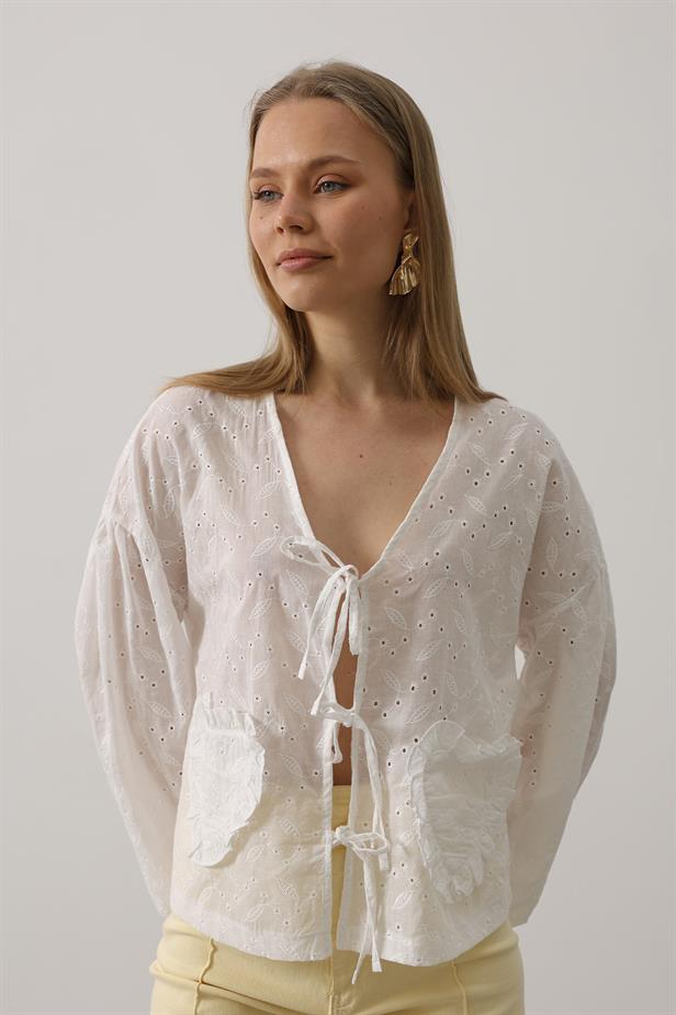 RYN Heart Detailed Tied Brocade Blouse - White - Alameda