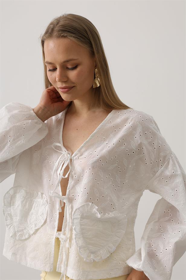 RYN Heart Detailed Tied Brocade Blouse - White - Alameda