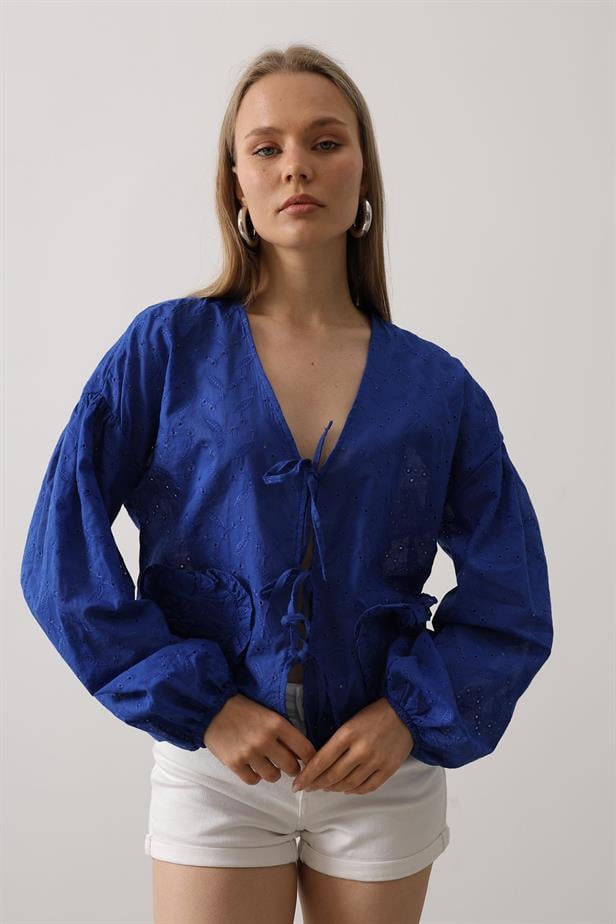 RYN Heart Detailed Tied Brode Blouse - Blue - Ossining