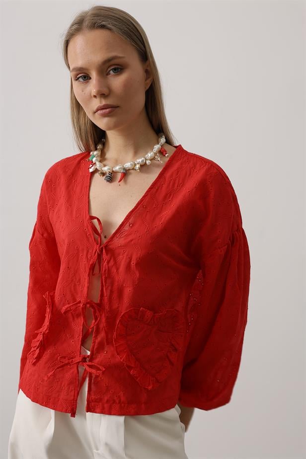 RYN Heart Detailed Lace-Up Broderie Blouse - Red - Warrington