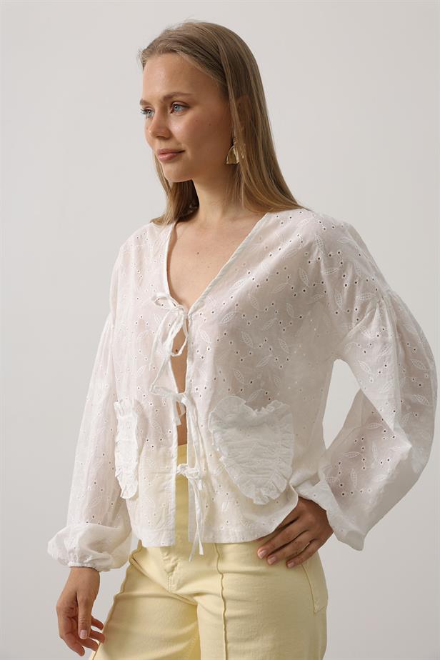 RYN Heart Detailed Tied Brocade Blouse - White - Alameda
