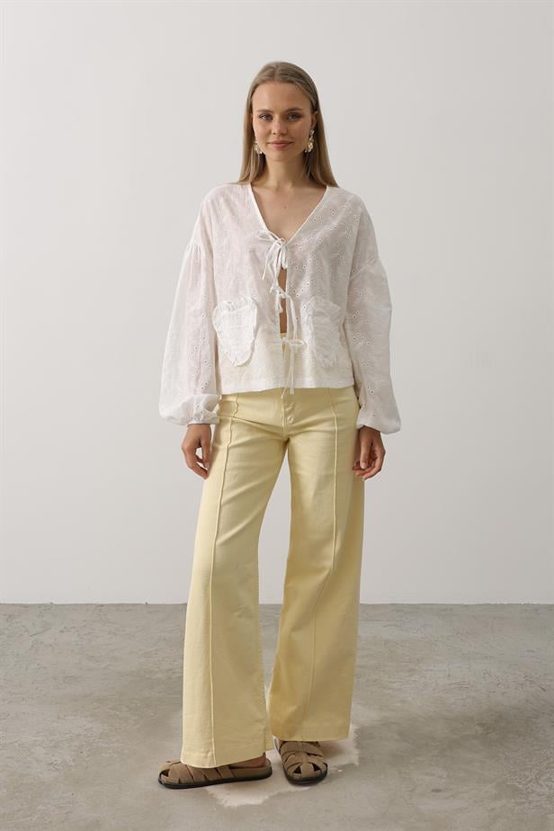 RYN Heart Detailed Tied Brocade Blouse - White - Alameda