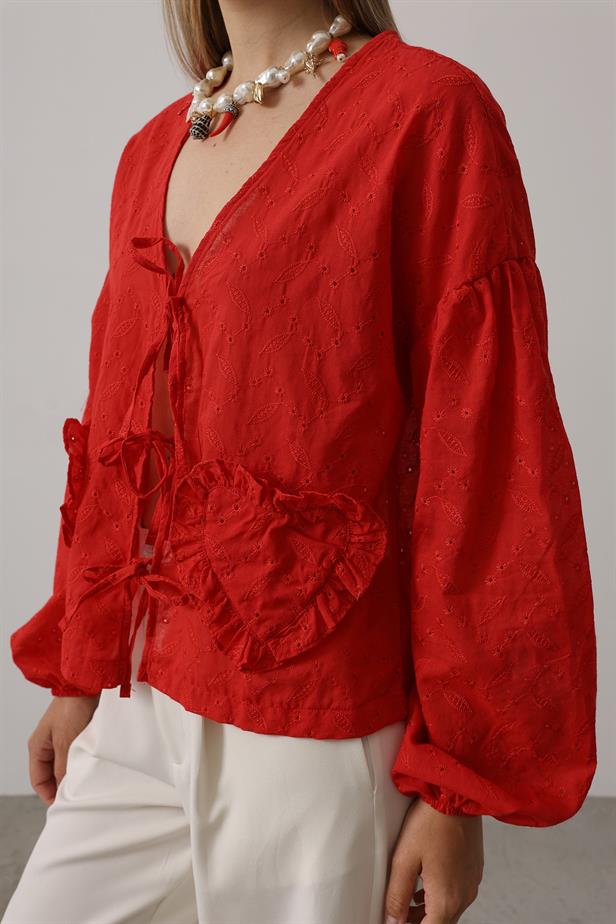 RYN Heart Detailed Lace-Up Broderie Blouse - Red - Warrington