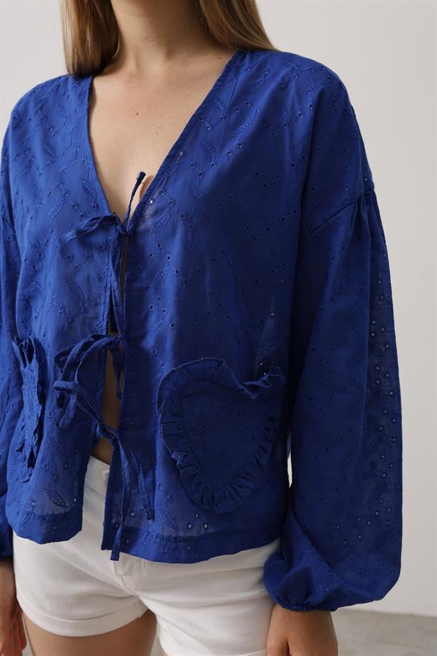 RYN Heart Detailed Tied Brode Blouse - Blue - Ossining