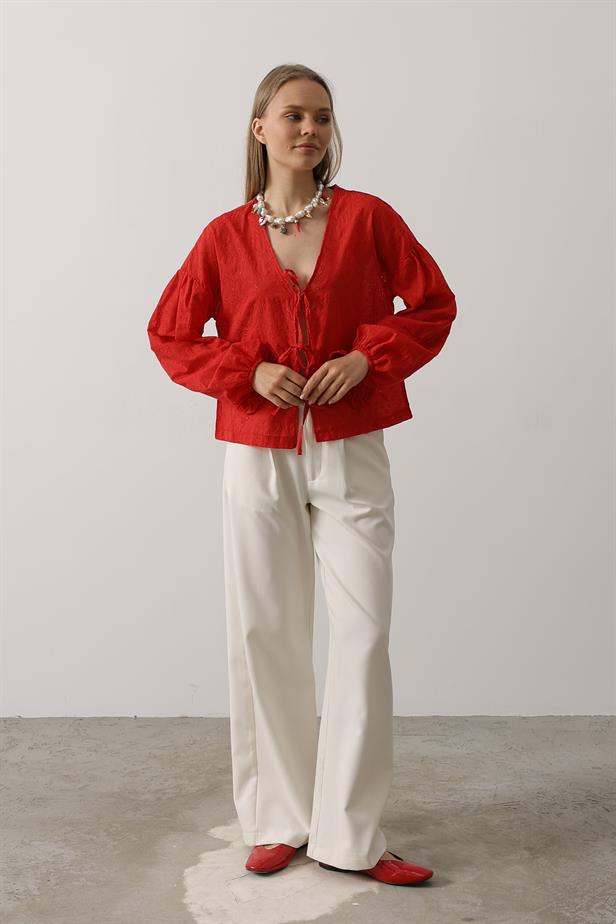 RYN Heart Detailed Lace-Up Broderie Blouse - Red - Warrington