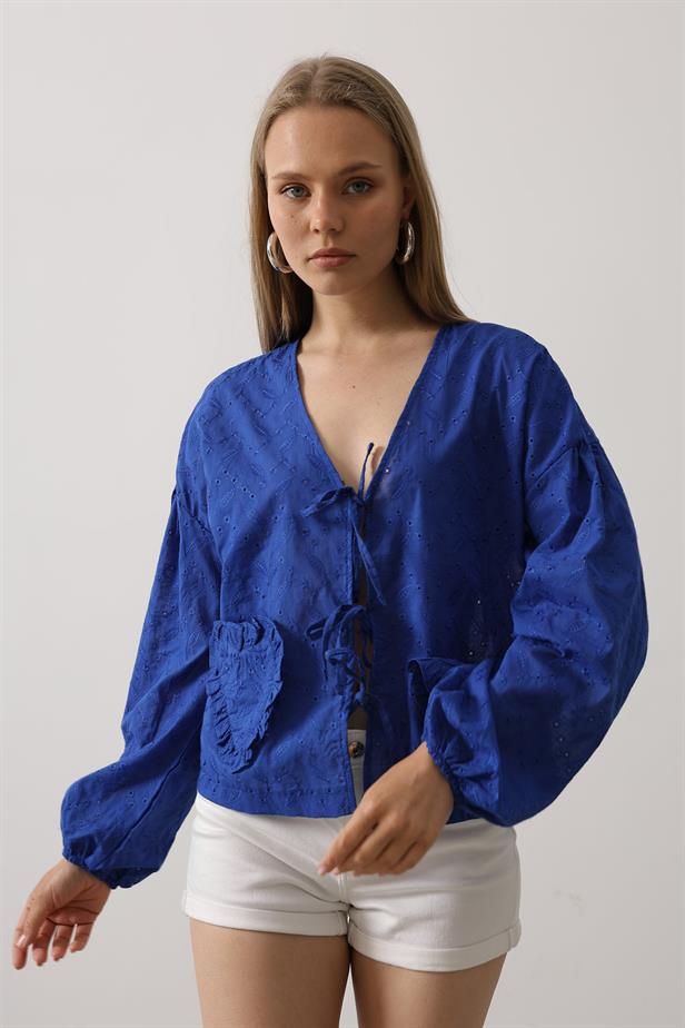 RYN Heart Detailed Tied Brode Blouse - Blue - Ossining