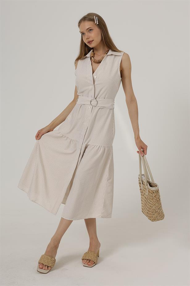 RYN Belted Striped Dress - Stone - Athens