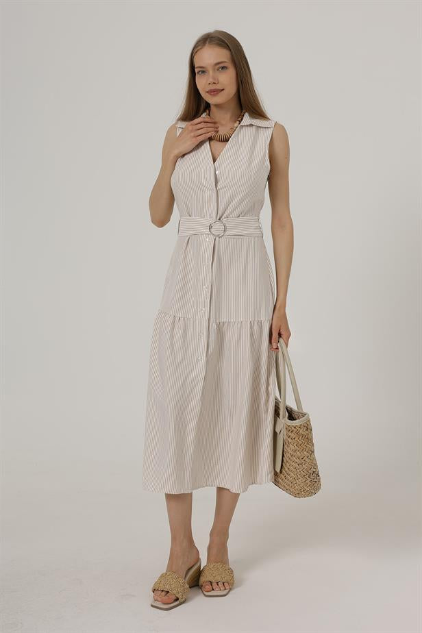 RYN Belted Striped Dress - Stone - Athens