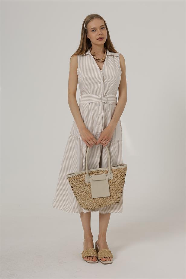 RYN Belted Striped Dress - Stone - Athens