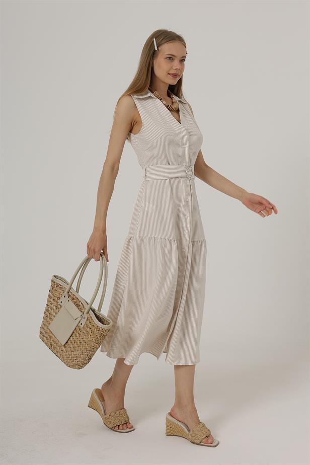 RYN Belted Striped Dress - Stone - Athens