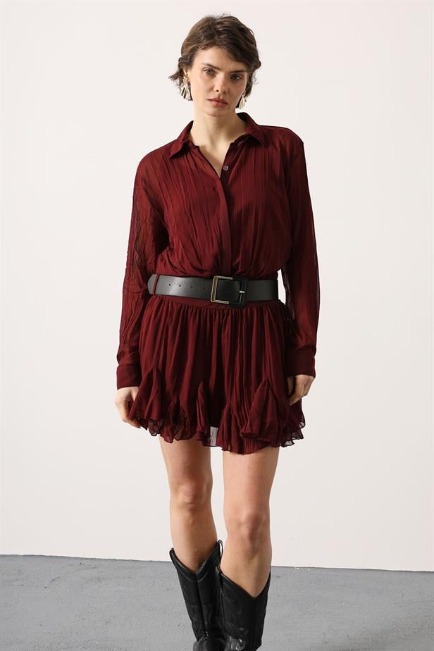 RYN KEMERLİ ŞİFON MİNİ ELBİSE - Bordo - Arnhem