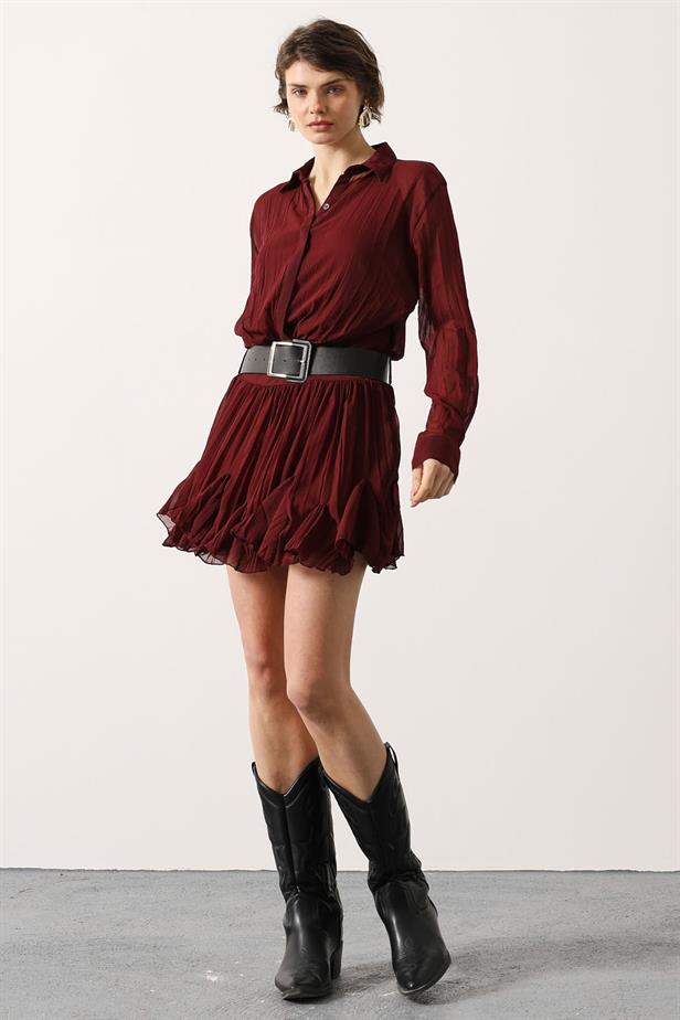 RYN KEMERLİ ŞİFON MİNİ ELBİSE - Bordo - Arnhem