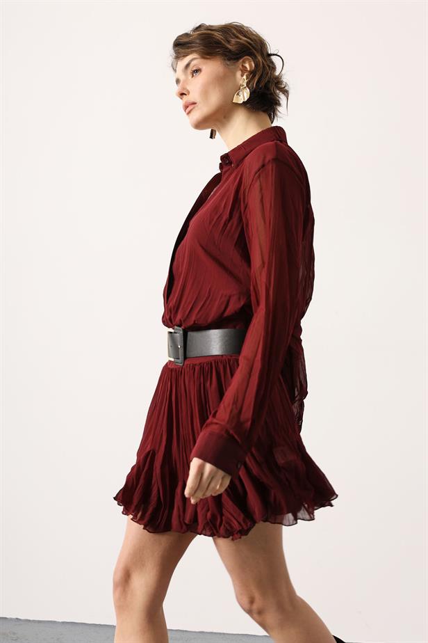 RYN KEMERLİ ŞİFON MİNİ ELBİSE - Bordo - Arnhem