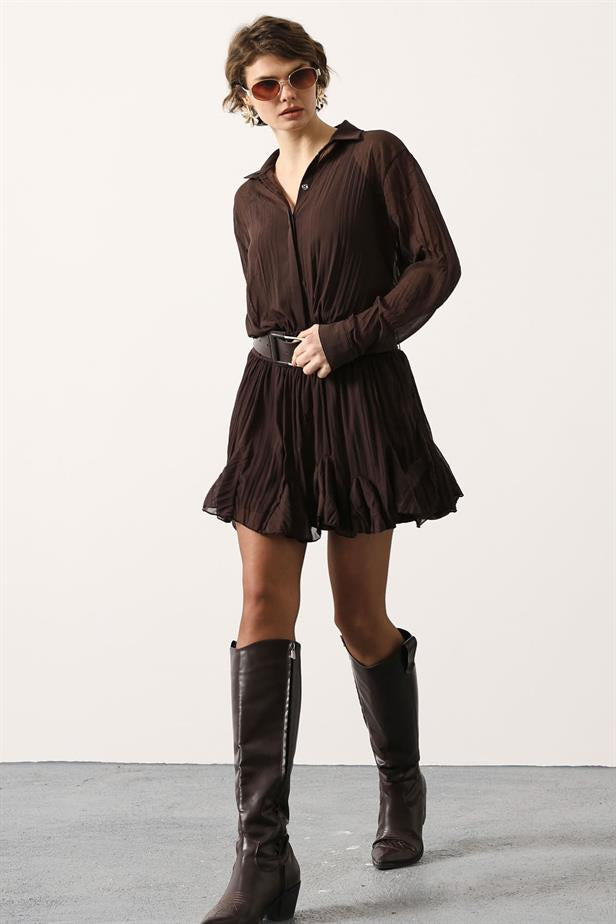 RYN RUFFLED CHIFFON MINI DRESS - Brown - Montauban
