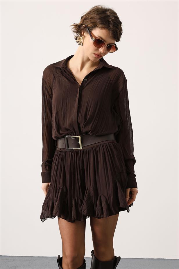 RYN RUFFLED CHIFFON MINI DRESS - Brown - Montauban