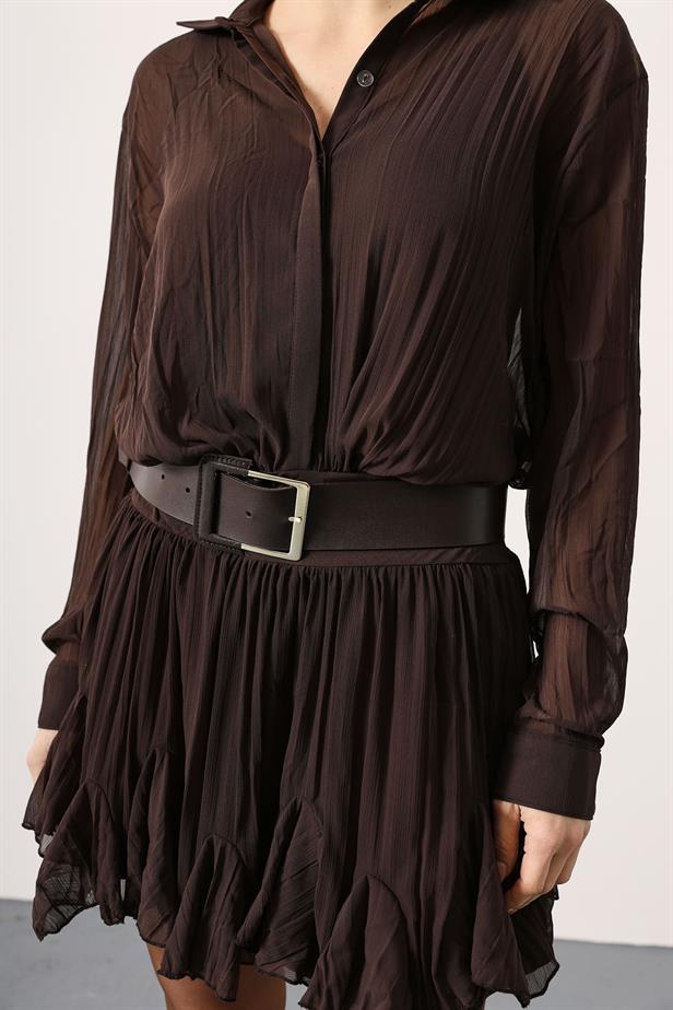 RYN RUFFLED CHIFFON MINI DRESS - Brown - Montauban