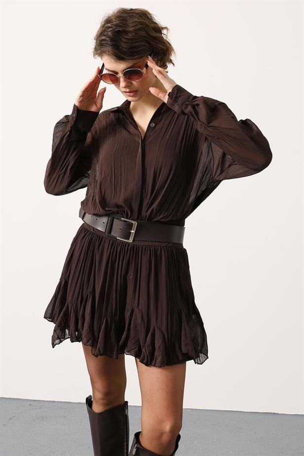 RYN RUFFLED CHIFFON MINI DRESS - Brown - Montauban