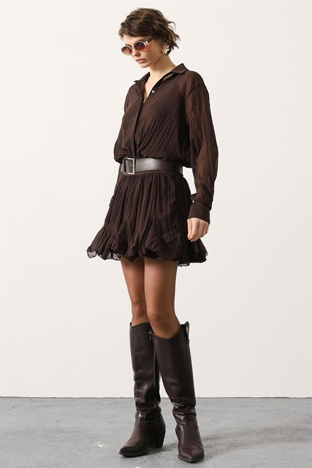 RYN RUFFLED CHIFFON MINI DRESS - Brown - Montauban