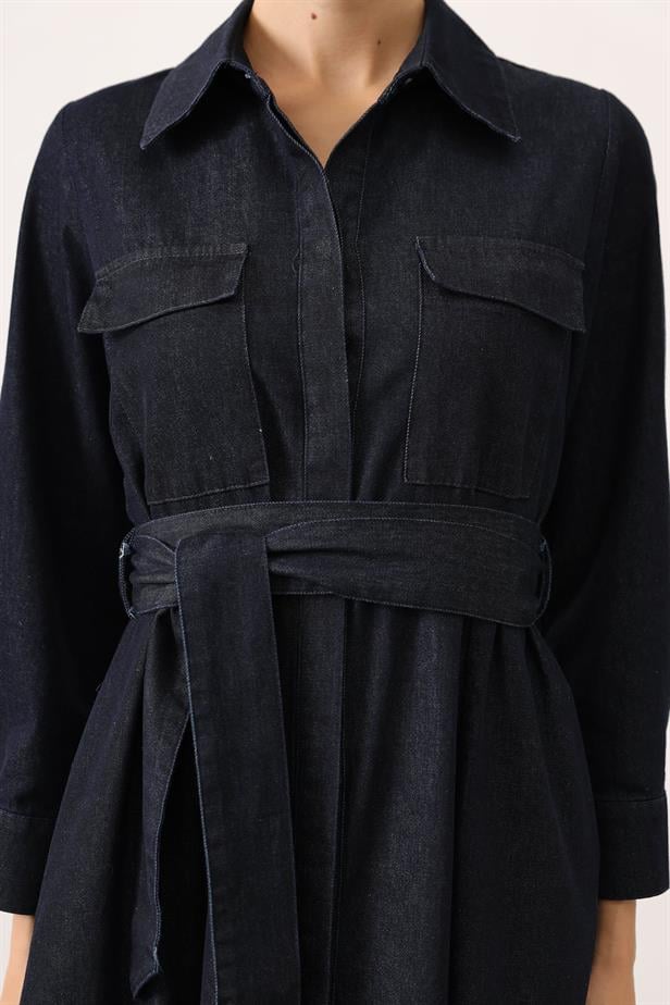 RYN KEMERLİ UZUN DENİM ELBİSE - Lacivert - Daugavpils