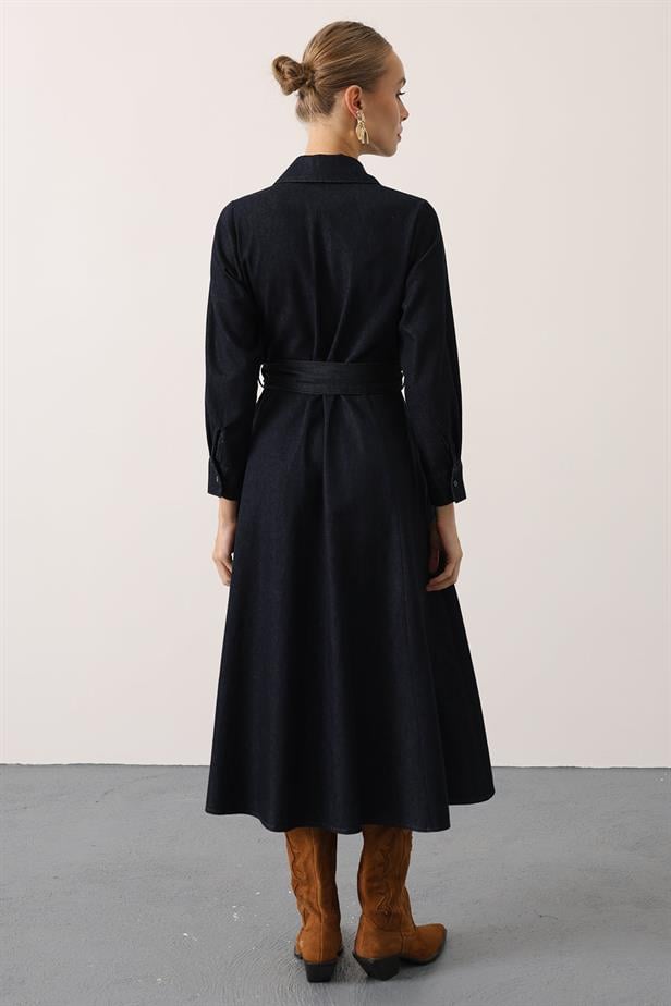 RYN KEMERLİ UZUN DENİM ELBİSE - Lacivert - Daugavpils