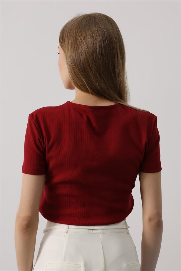 RYN Short Sleeve Buttoned Top - Burgundy - Crewe
