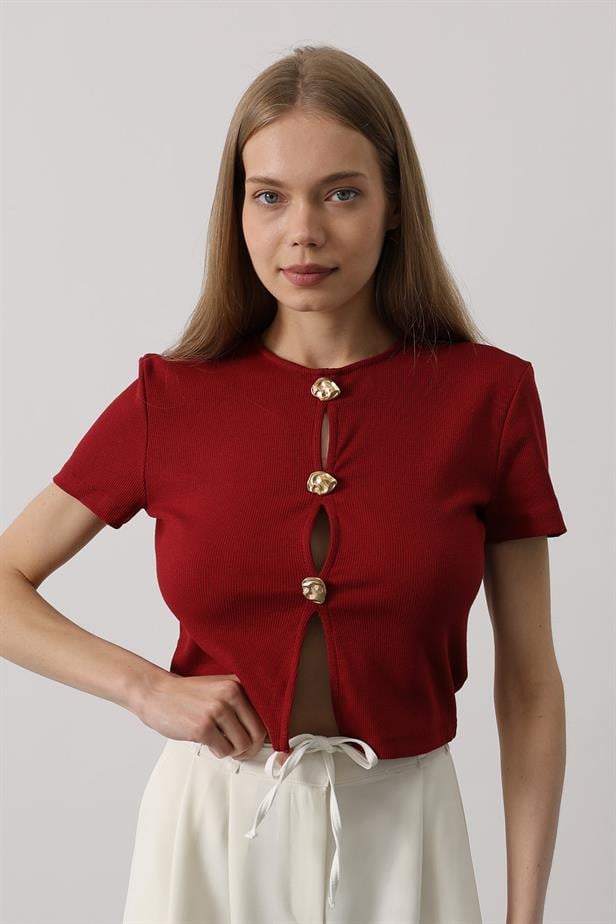 RYN Short Sleeve Buttoned Top - Burgundy - Crewe