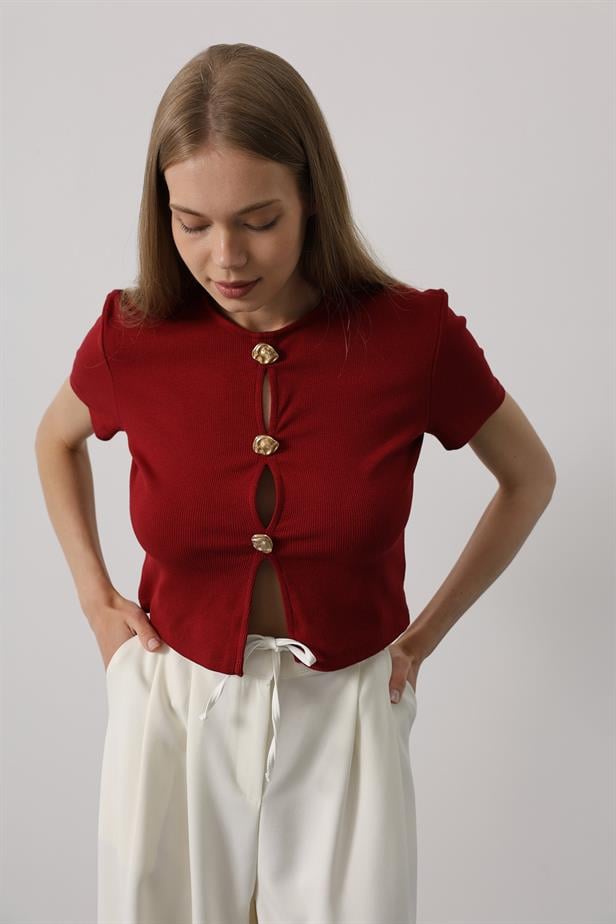 RYN Short Sleeve Buttoned Top - Burgundy - Crewe