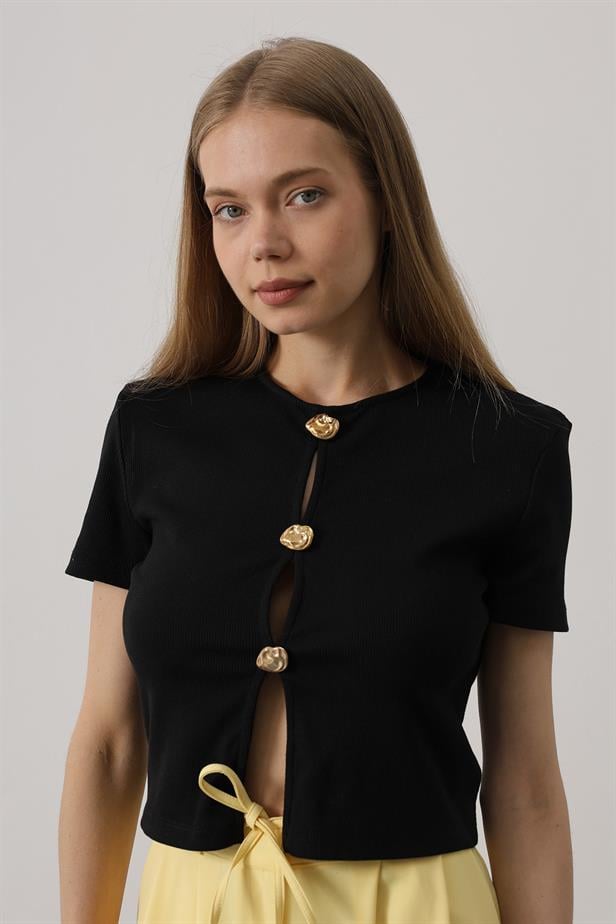 RYN Short Sleeve Buttoned Top - Black - Crosby
