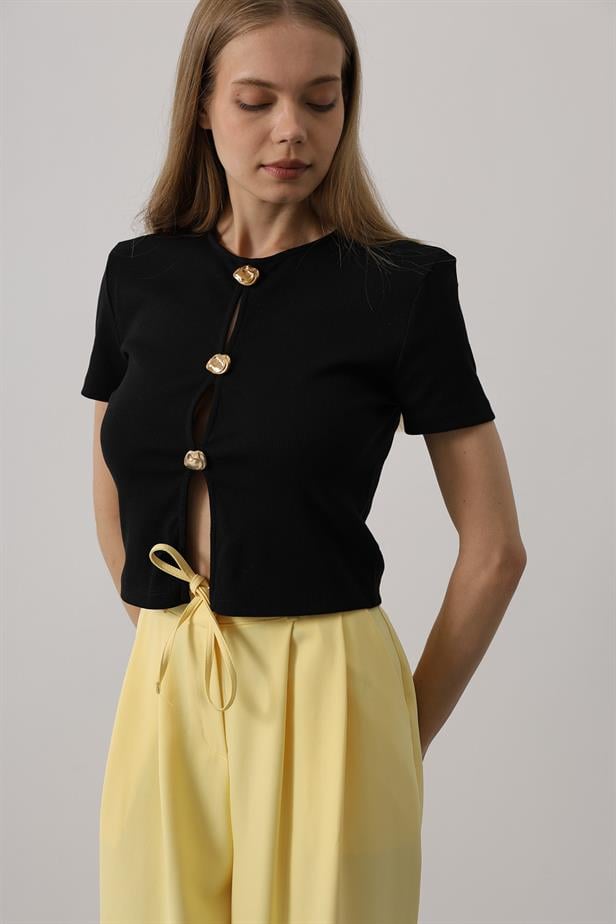 RYN Short Sleeve Buttoned Top - Black - Crosby