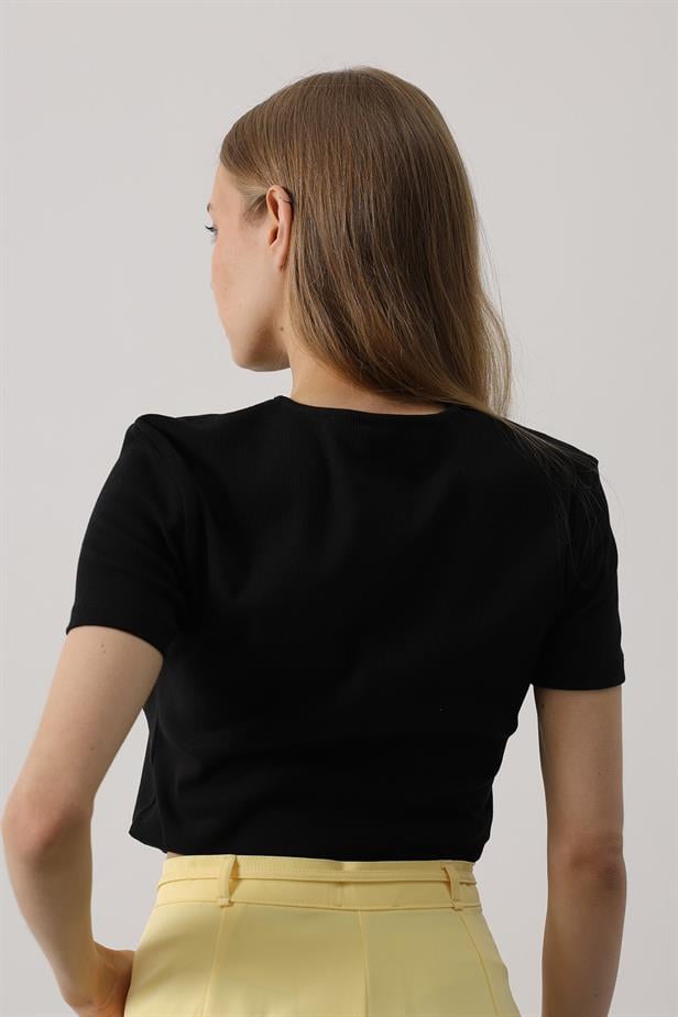 RYN Short Sleeve Buttoned Top - Black - Crosby