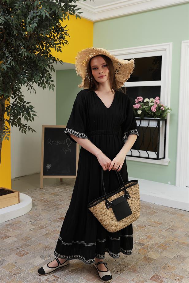 RYN Sleeve Skirt Embroidered Dress - Black - Bozeman