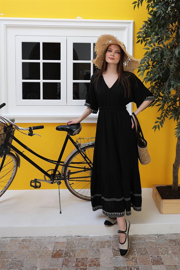 RYN Sleeve Skirt Embroidered Dress - Black - Bozeman