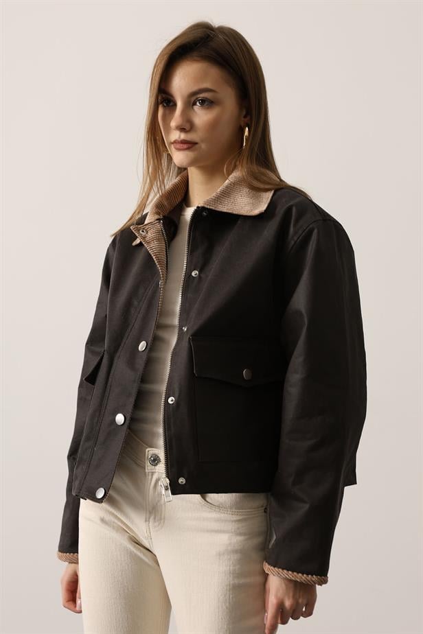 RYN CONTRAST COLLAR JACKET - Brown - Dubbo