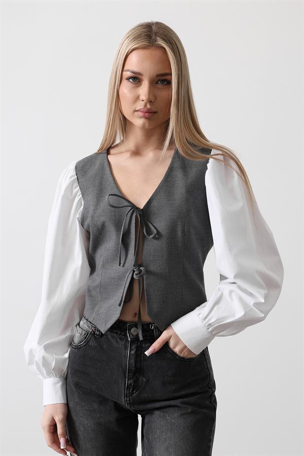 RYN Ribbon Detailed Front Tied V Blouse - Anthracite - Ellesmere Port