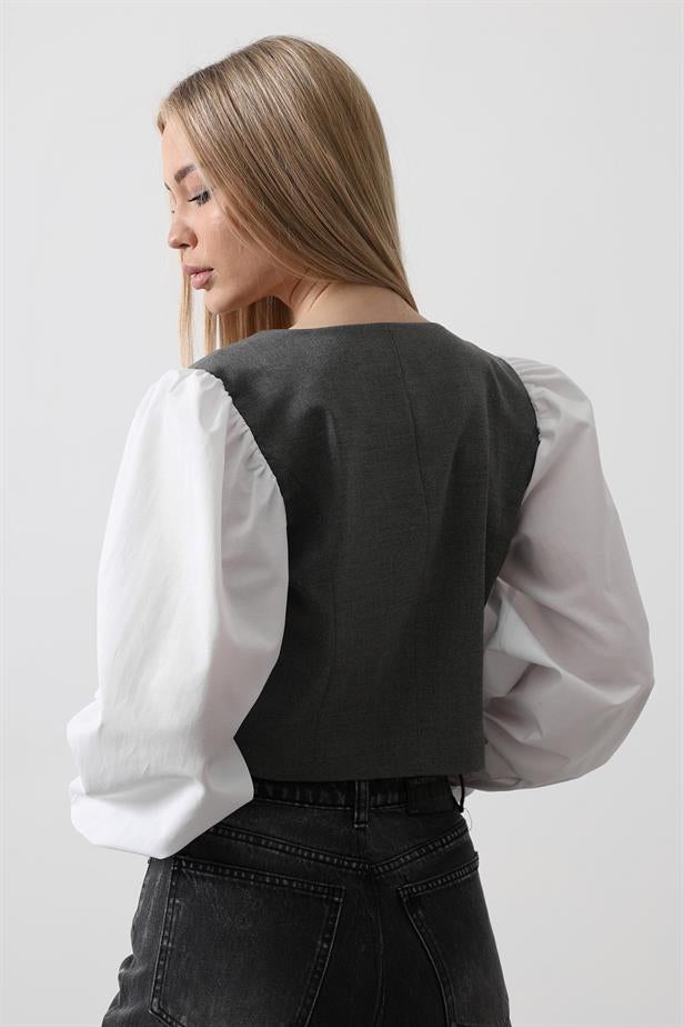 RYN Ribbon Detailed Front Tied V Blouse - Anthracite - Ellesmere Port