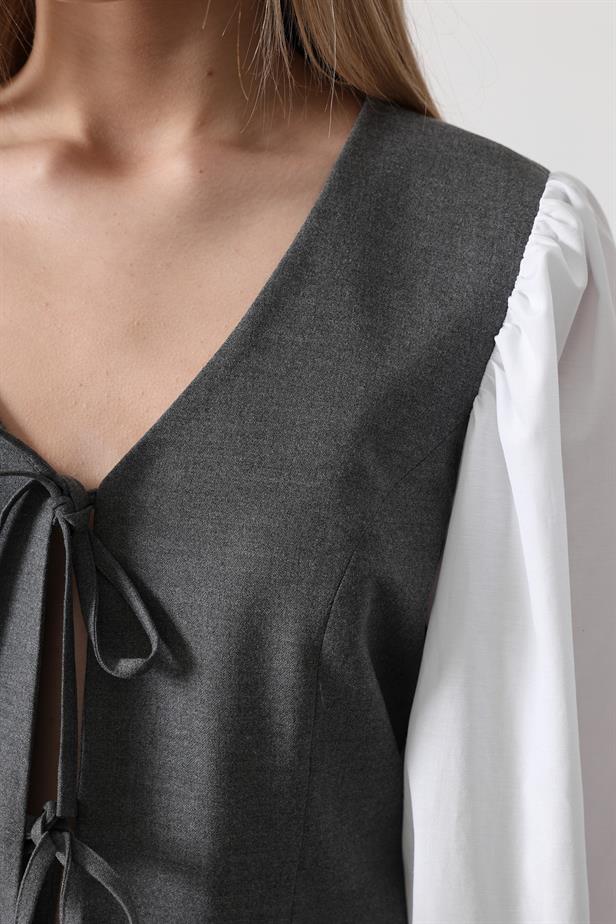 RYN Ribbon Detailed Front Tied V Blouse - Anthracite - Ellesmere Port