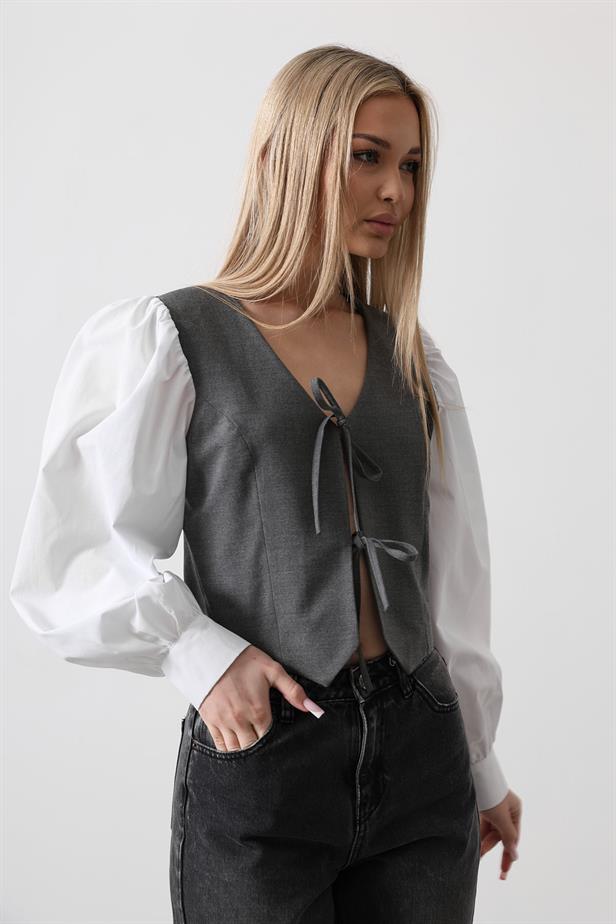 RYN Ribbon Detailed Front Tied V Blouse - Anthracite - Ellesmere Port
