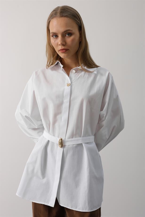 RYN Belted Detailed Tunic Shirt - White - Tecámac