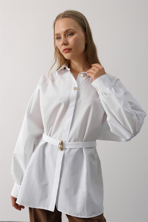 RYN Belted Detailed Tunic Shirt - White - Tecámac