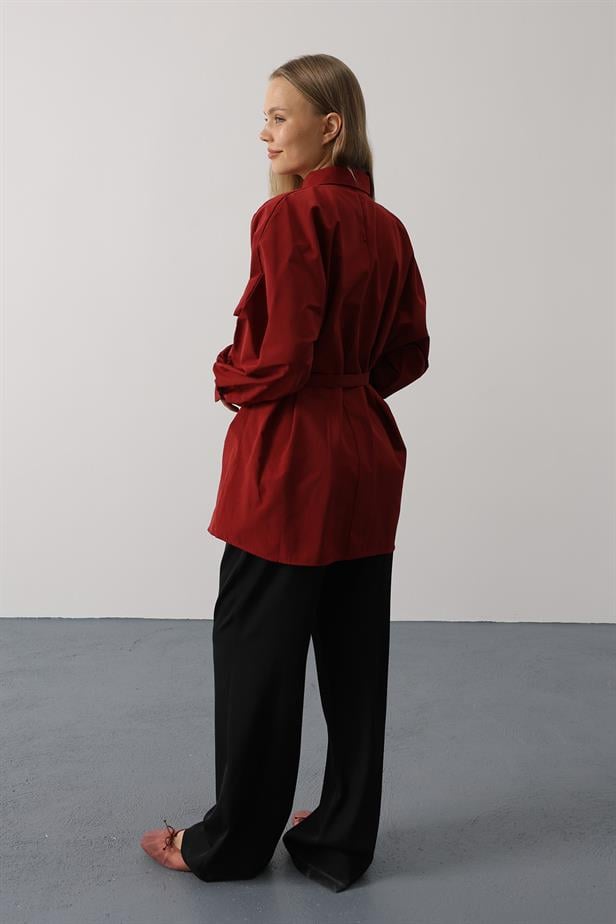 RYN Belted Detailed Tunic Shirt - Burgundy - Niederkassel