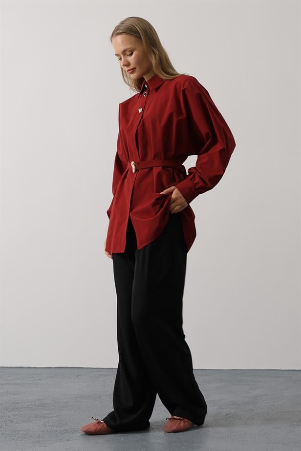 RYN Belted Detailed Tunic Shirt - Burgundy - Niederkassel