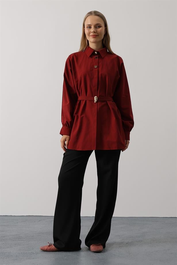 RYN Belted Detailed Tunic Shirt - Burgundy - Niederkassel