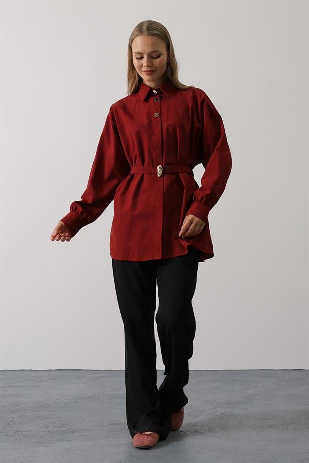 RYN Belted Detailed Tunic Shirt - Burgundy - Niederkassel