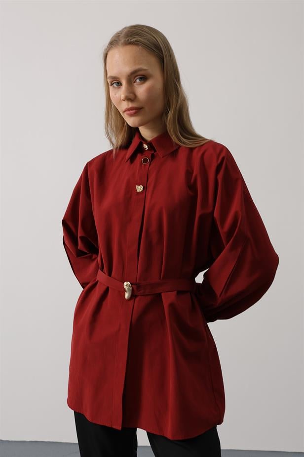 RYN Belted Detailed Tunic Shirt - Burgundy - Niederkassel