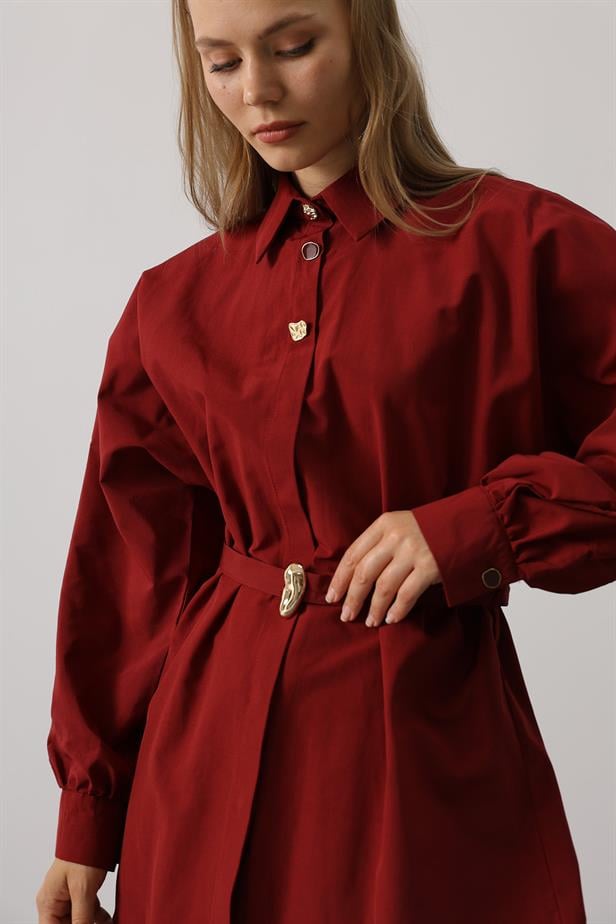 RYN Belted Detailed Tunic Shirt - Burgundy - Niederkassel