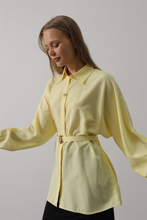 RYN Belted Detailed Tunic Shirt - Yellow - Albi