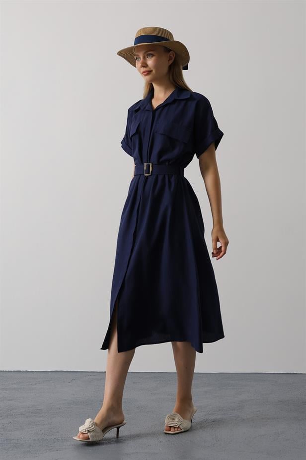 RYN Belted Pocket Detailed Half Sleeve Dress - Navy - Lakeville