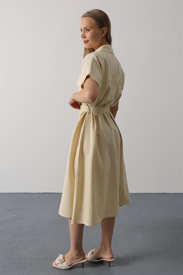 RYN Belted Pocket Detailed Half Sleeve Dress - Ecru - Medicine Hat