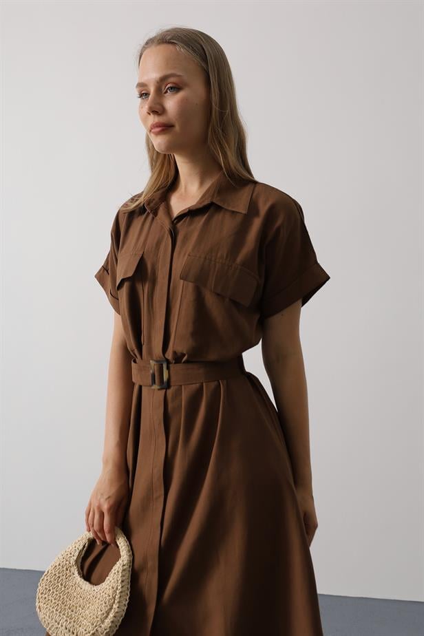 RYN Belted Pocket Detailed Half Sleeve Dress - Brown - Elmshorn