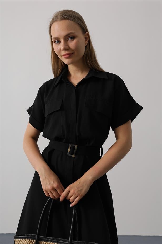 RYN Belted Pocket Detailed Half Sleeve Dress - Black - Clifton